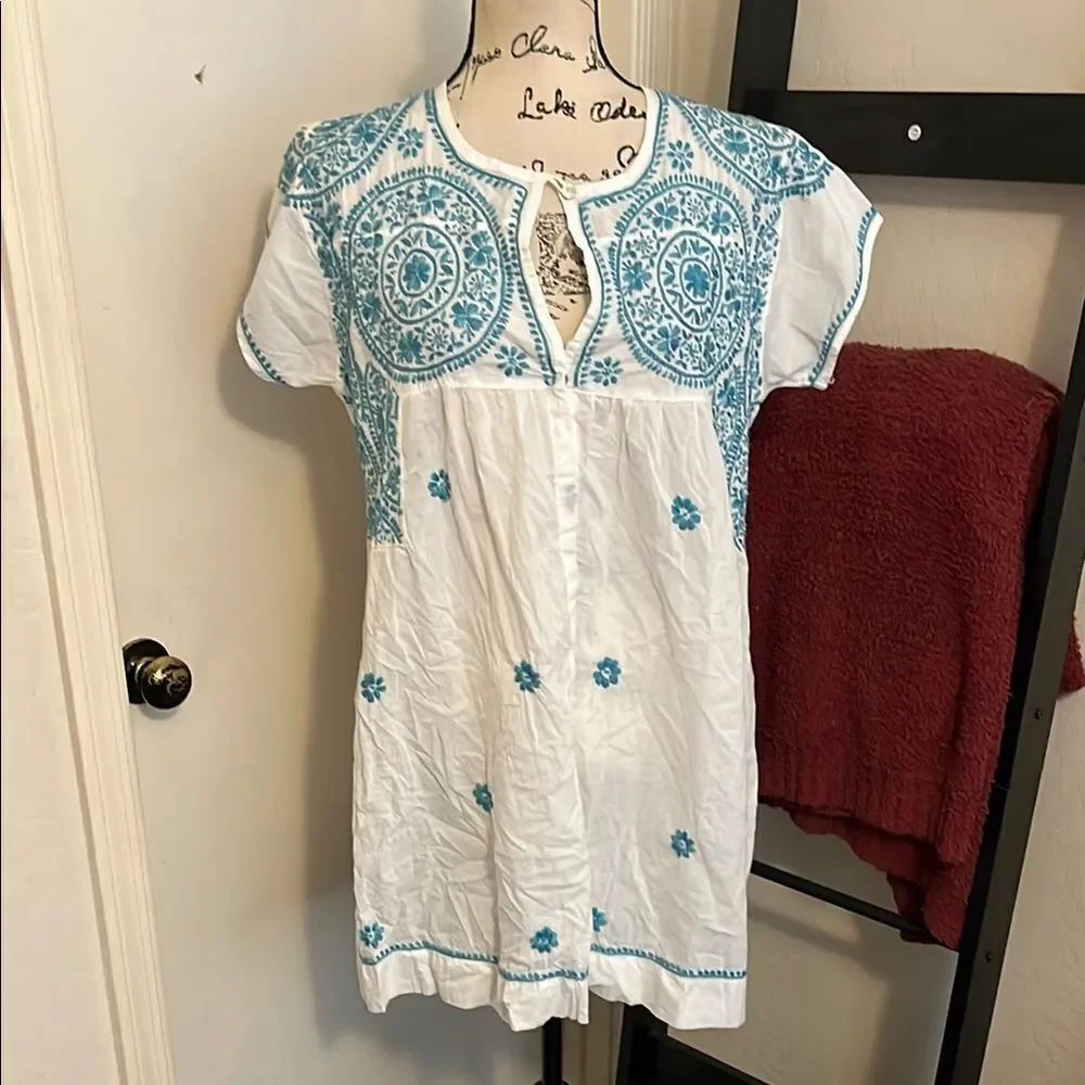 Dolma Embroidered Blue White Boho Top Modern Festival Resort Cruise Coastal